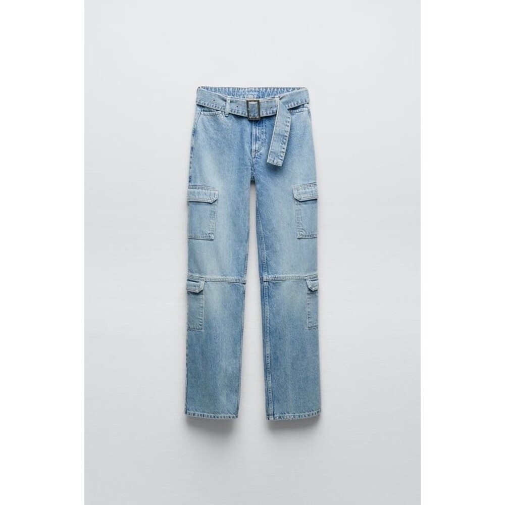 Zara Women's Light Blue Denim Belted Cargo Jeans SZ 4 - Picture 3 of 14